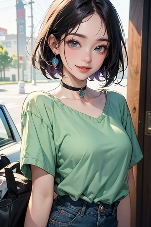 a woman posing on the street corner with light green dress on, best quality, 1girl, large breasts, day, bright, blur background, bokeh, outdoor, (lace-trimmed dress:1.5, sleeveless dress, light green clothes:1.5, light green high-neck dress:1.5, orange dress: 1.5), gorgeous, beautiful detailed sky, (dynamic pose:0.8), (upper body:0.8), soft lighting, wind, shiny skin, pureerosface_v1, <lora:IDOL-Winter:0.75>
