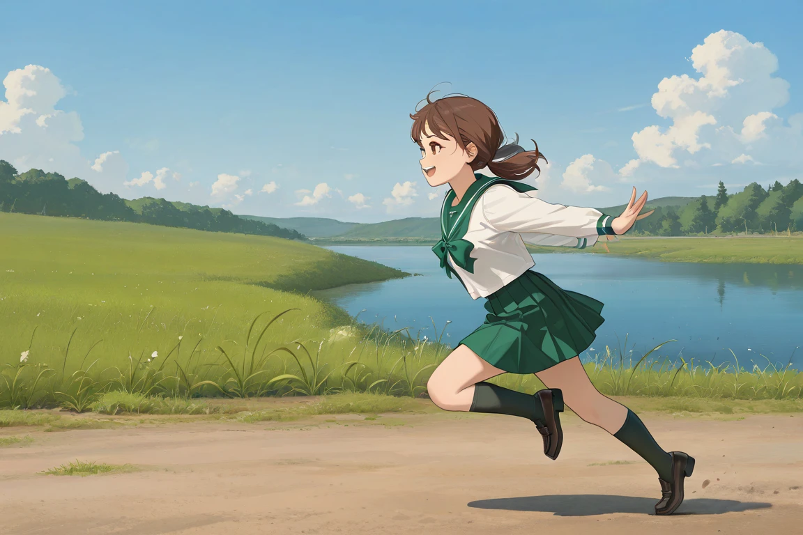 High resolution, Super detailed, Best Quality, masterpiece, 8K, 4K, beautiful background, the best aesthetics, (flat color:0.6), 
1girl, brown_hair, brown_eyes, low_twintails, sailor_uniform, white_blouse, green_neck_scarf, green_skirt, black_knee_socks, loafers, running, side view, full body, mouth_open, smiling, lively expression, arms_back, jumping_pose, riverside_path, grassy_field, clear_sky, distant_view, dynamic composition