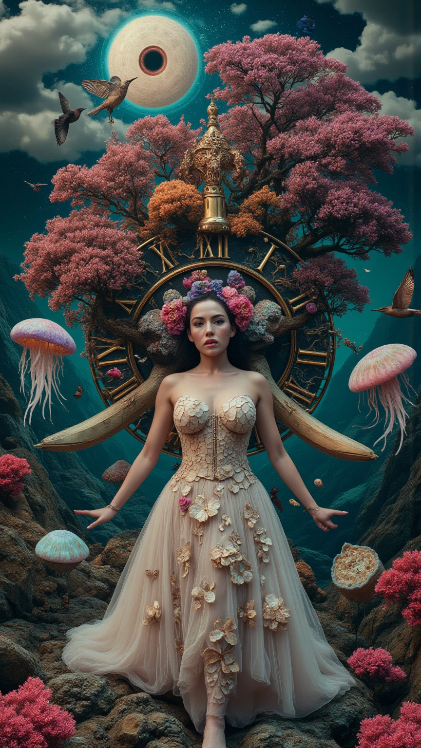 Hyper-real surreal odyssey: A woman with *cracked alabaster skin* (revealing **Hubble-grade galaxies**) floats atop a **collapsing Fibonacci clock** dripping molten equations. Her gown—**bioluminescent moth wings/silk**—shimmers as hair fractures into **oak branches holding quartz thrushes** with snowflake-feathers. Behind her, a **steampunk elephant** with hydraulic legs stomps a mercury lake, birthing **amethyst geodes** that bloom into **storm-cloud jellyfish**. The sky splinters: one shard holds an **acid-eaten Gothic cathedral**, another a **Jurassic tree with typewriter bark/heart-fruit**. Reality splits—above, **Victorian brass spires**; below, **coral shadows with MRI anatomies**. A **black-hole sun** spews **parchment crows etched with equations**. **Clockwork raccoons** pilot submarines, hunting neon ghosts. Her shadow becomes **Chernobyl-stag antlers**. Palette: **toxic malachite skies**, **hydrothermal blacks**, blood-crimson flora. Mood: *Awe-dread*.  

**Tags:**  
`#hyperreal_apocalypse #scifi_gothic`  

*Dense, tactile, clawing at reality’s seams. 998 chars.* ⚙️🌌