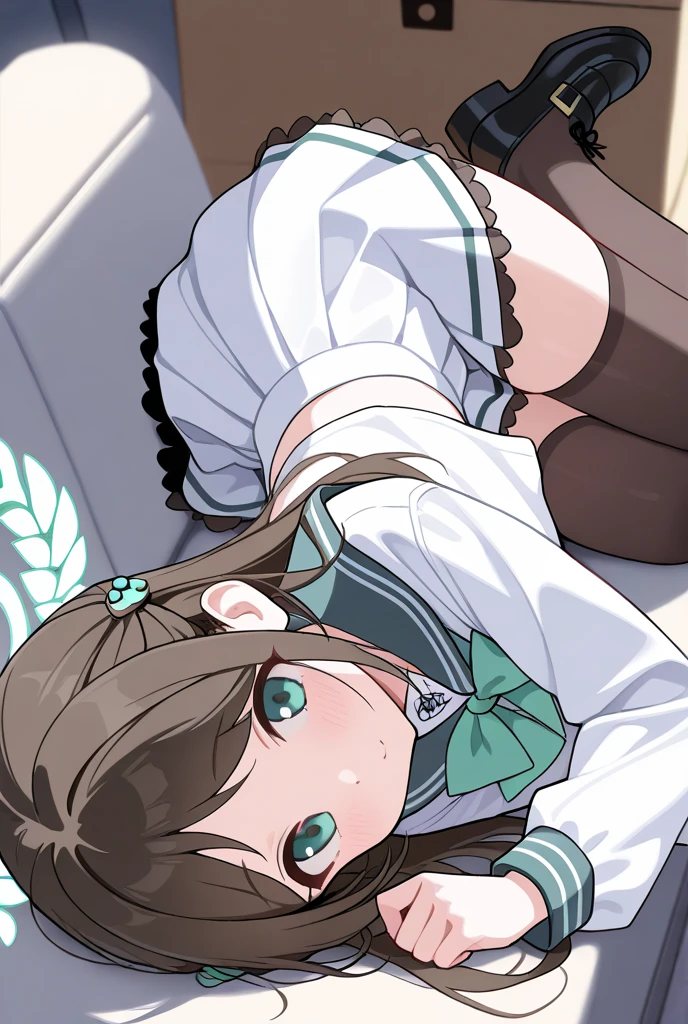 brown eyes,long hair,clover hair ornament,ahoge,blue jacket,white dress, long sleeves,green bow, black thighhighs,sneakers,amamiya mimori, on bed, panties, knees up, on back, flustration,open legs, missonary position,pov,standing penis,