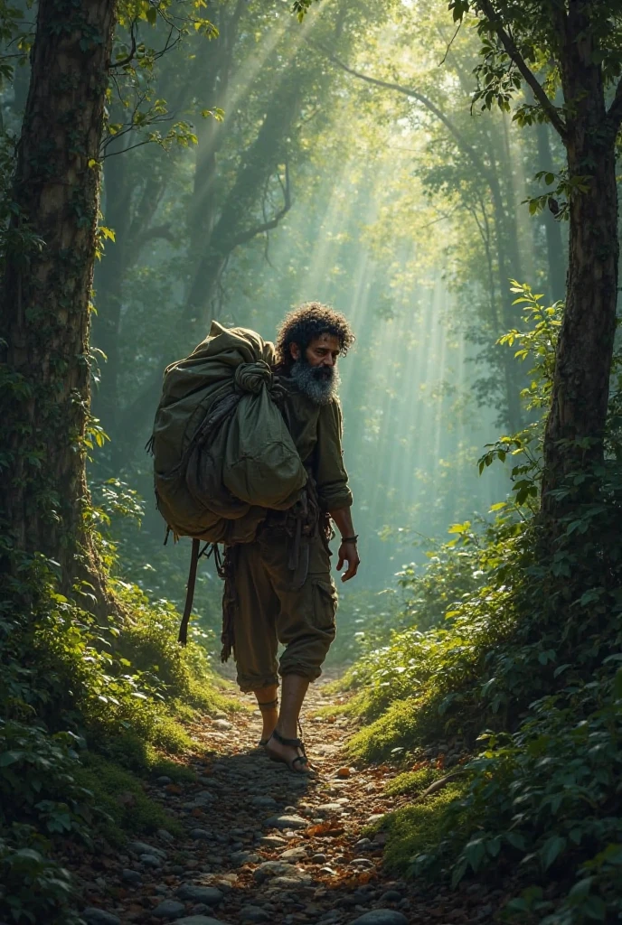 এক লোক বনের ভিতরে। তার কাঁধে থেকে বড় বস্তা ফেলে দিলে