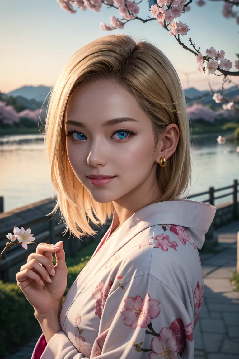 No.18,Dragon Ball Z,One-length hair,beautiful white blond hair, beautiful blue eyes ,PINK LIPS,white skin,in a sakura-colored kimono studded with beautiful gold leaf,smile,ultra-high image quality of processing,super quality,masterpiece,dslr,Photorealistic, Detailed Details,Vivid details,detailed,Detailed face, Detailed Details,Super Details,realistic skin texture, colorful candy room ,perfect ,anatomically correct hands,anatomically correct finger,complex 3d rendering,Gold ring earrings,Mysterious cherry blossom blizzard,sunset,Beautiful Dusk,Beautiful Scenery of Japan,Hair fluttering in the breeze,Beautiful like a painting,takes pictures of Hirose's whole body,9 heads,