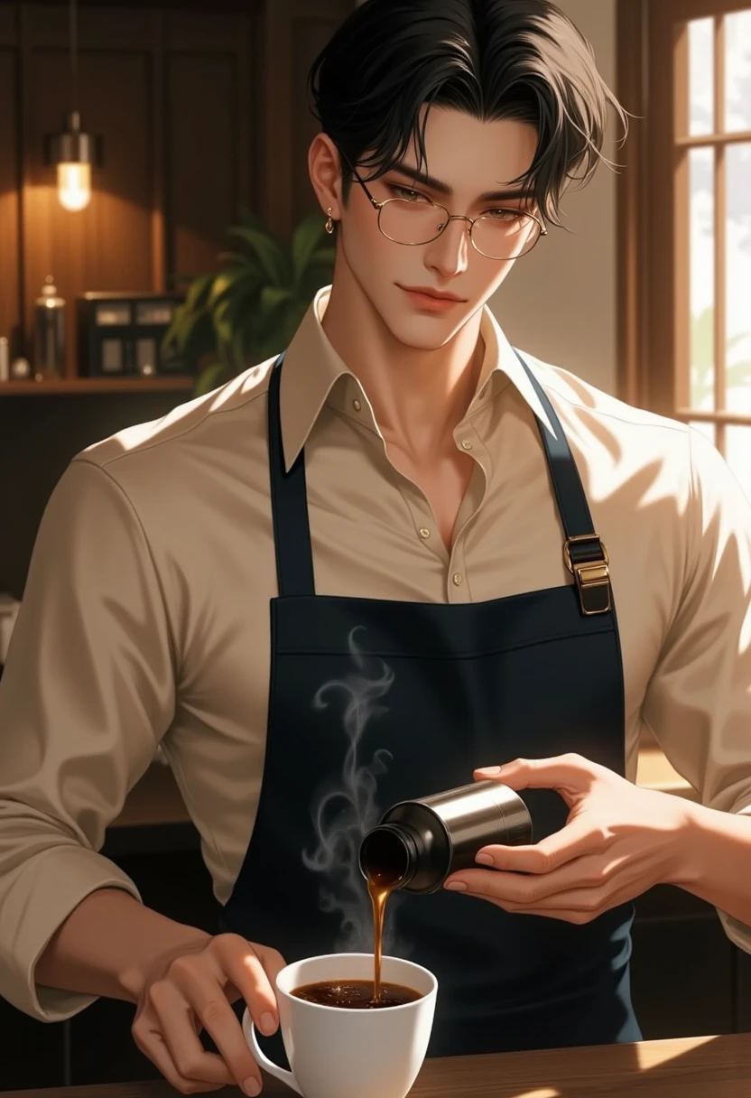 Handsome male, He has black hair, almost always unkempt but it has a certain look to it. He is tall, with broad shoulders, muscular. His face is very masculine but he has really kind eyes. Brown hazel eyes. Big bulge. Hair tied back. Trouser pants. White button up shirt. Cafe