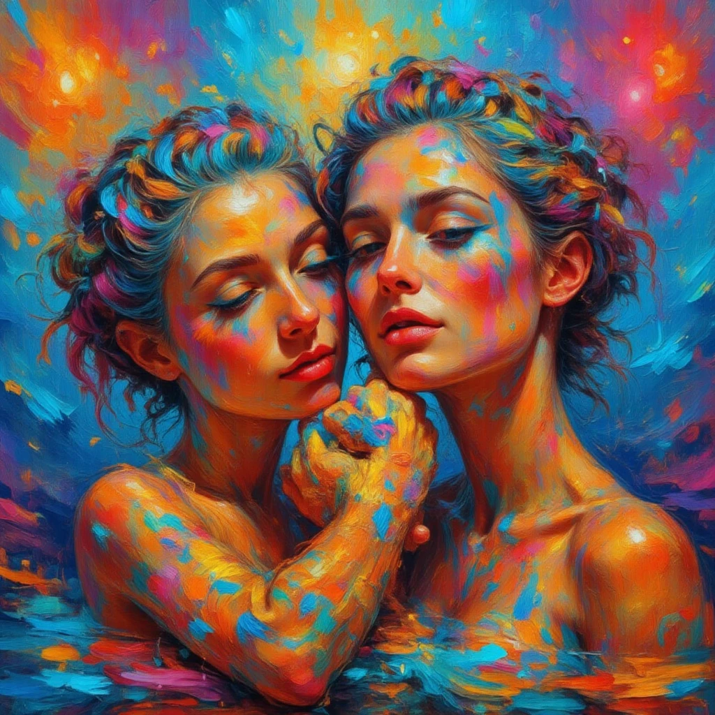 A pop art style illustration: From an ocean composed of colorful brushstrokes of kaleidoscopic and brilliant colored paint, two beautiful mermaids with disheveled and wet blue hair smeared with ocean paint of colors and support a golden number 2 sculpted bright and shiny. Under logo seaart and the payoff "SEAART AN OCEAN OF FREDOME CREATIVITY"