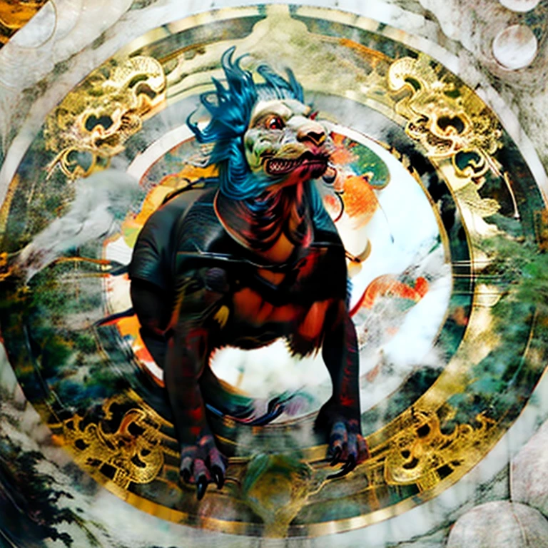 ((Girl wearing lion dance costume)), ((festival)), ((night、Laser Light)), Creepy, (Horror elements), Creepy , (primitive art), old picture scroll style,Ancient mural style
、Japanese painting