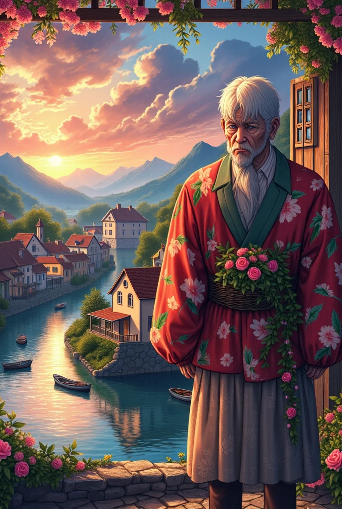 a small village by the river, mountains in the background, floral flowers colorful, detailed landscape, Beautiful natural landscapes, atmospheric lighting, scorching sunset, warm colours, practical, photopractical, Detailed Foliage, complex buildings, cobblestone street, Charming country house, swirly vibrant colors, lush vegetation, Still water reflections, Picturesque, idyllic, work of art, best qualityer, 8k, extremely detaild,anime styling