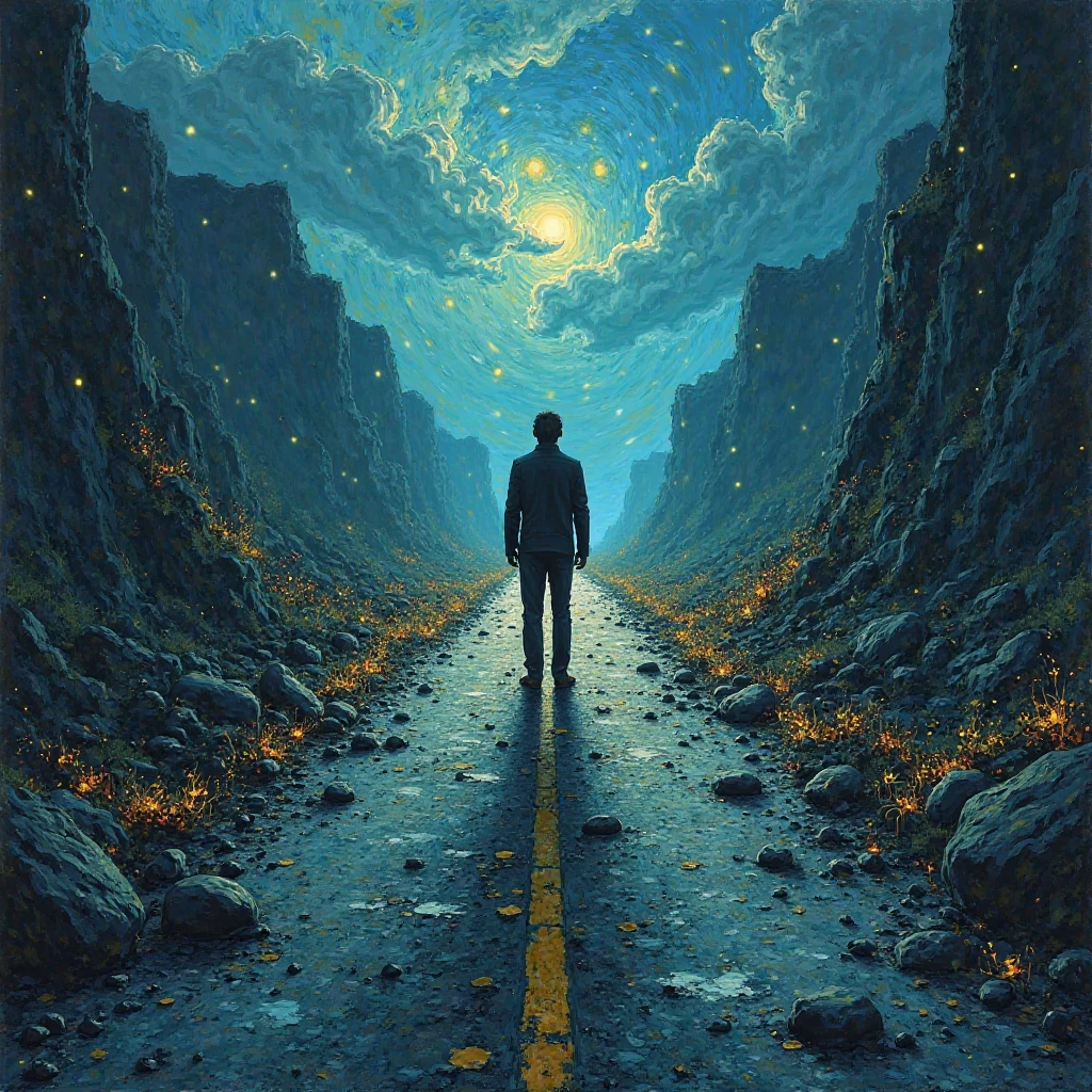 Make me a person standing in the middle of a road with a light in front of it and behind it is a road full of thorns and sharp rocks while looking back in the Van Gogh style