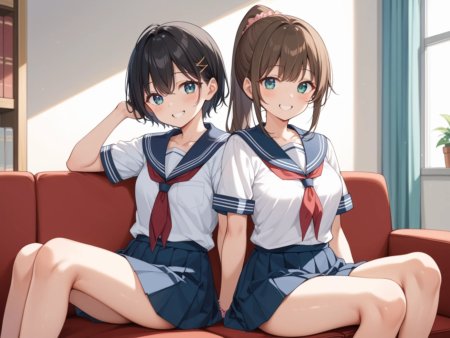 2girls、sit side by side on the sofa、(a girl with long brown hair in a ponytail)、smile、large breasts、school uniform、(a girl with short black hair)、(grasses)、smile、small breasts、school uniform、reception room、library、((cowboy shot))、最高品質、無検閲