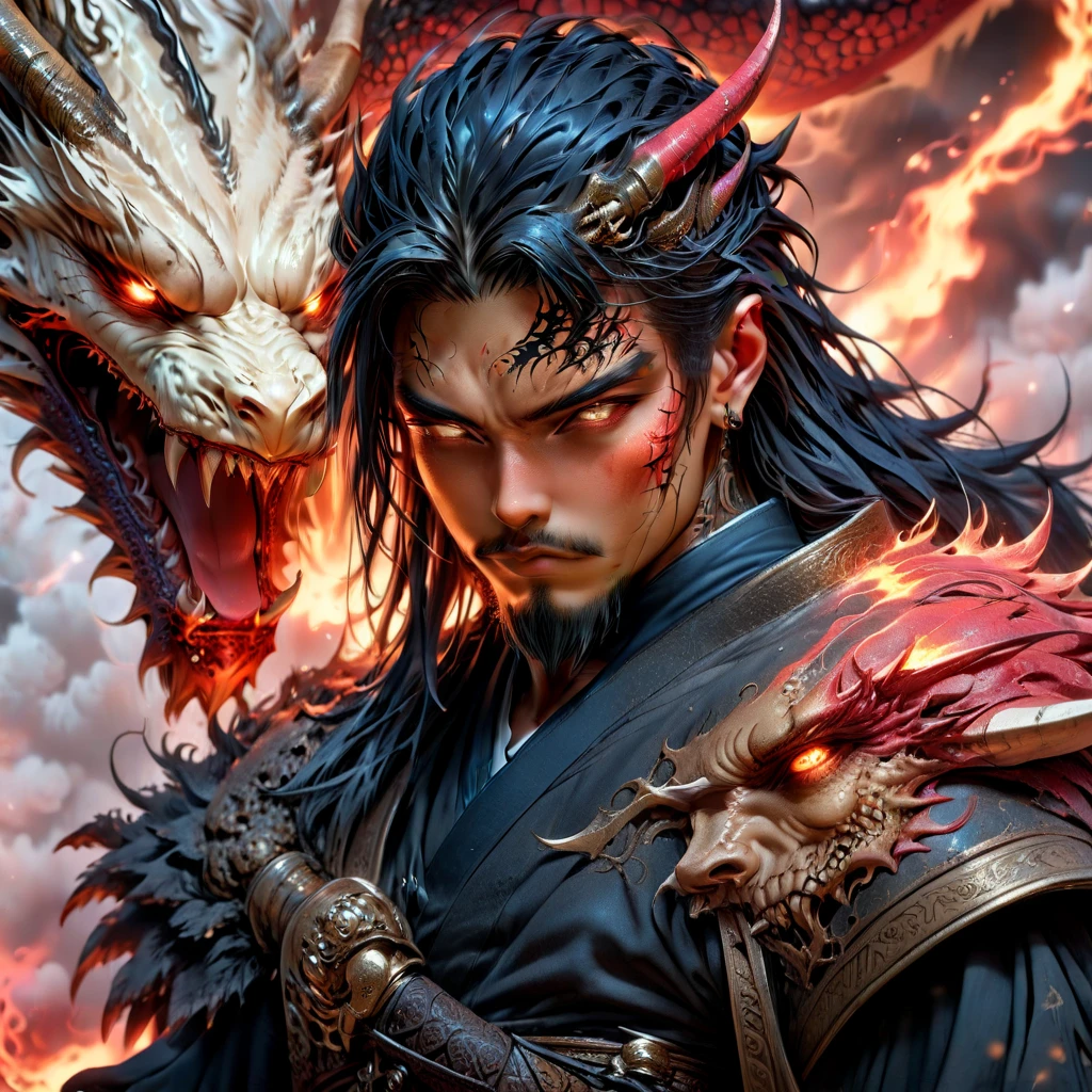 an anime man with (a scar on his eye) and (several tattoo on his body ) , giant dragon death sickle with eyes,, thunder, fire, japanese kimono, , , ultra HD, high quality, 32k, simple plain background, 8k, hd, dark fantasy, buzz hair cut, 