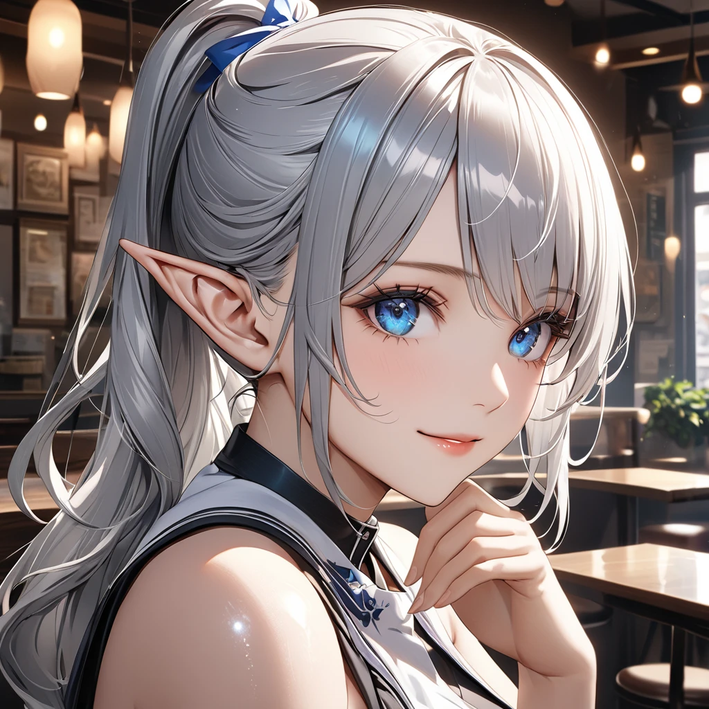 (masterpiece:1.15),best quality,best aestethic,(high resolusion:1.2),(ultra detailed 8k art:1.15), ultra-detailed face, beautiful detailed eyes,detailed hair texture,shiny skin,realistic glistening skin,perfect hand,detailed cloth texture, perfect ,
break
1girl,(elf ears:1.1),blue eyes,silver hair,ponytail,Shiny Hair,（swept bangs:1.2）,(40 years old:1.1), (cool eyes),cowboy shot,light smile,
break
While taking a break, Imperial Cafe