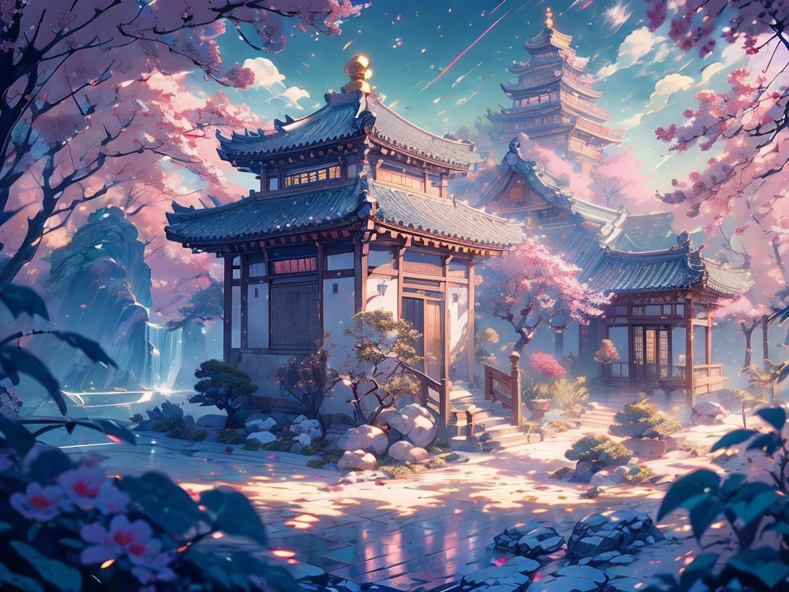 ultra high definition,고화?,8k,delicate expression,Precise rendering,fantasy,oriental style, Oriental Background, 고대 중국 Shindo, giant mansion,Axial restoration, White concept, opal 장식,Shindo,shining,opal,대Shindo,큰 Shindo,A shrine on a high place,colorful colors,opal색 벚꽃,opal색 꽃