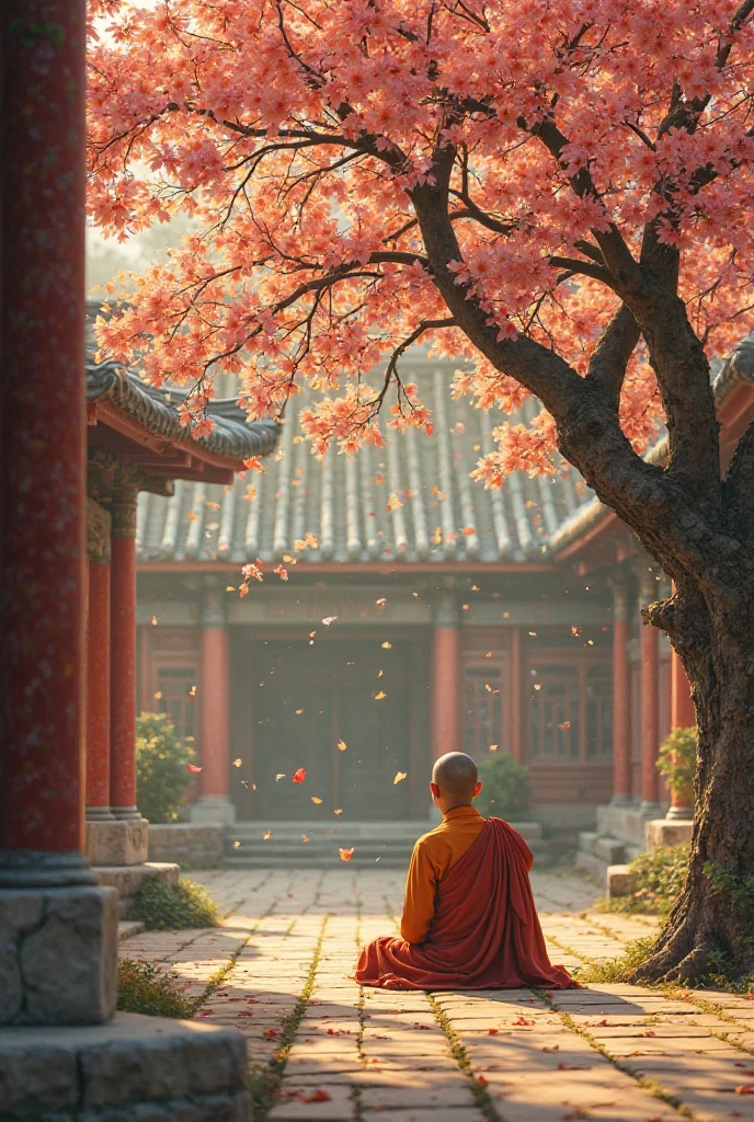 A peaceful monastery courtyard with a monk sitting under a blossoming tree, soft wind chimes in the background. The light of dawn bathes the scene in golden hues, with leaves gently drifting down in the breeze."

