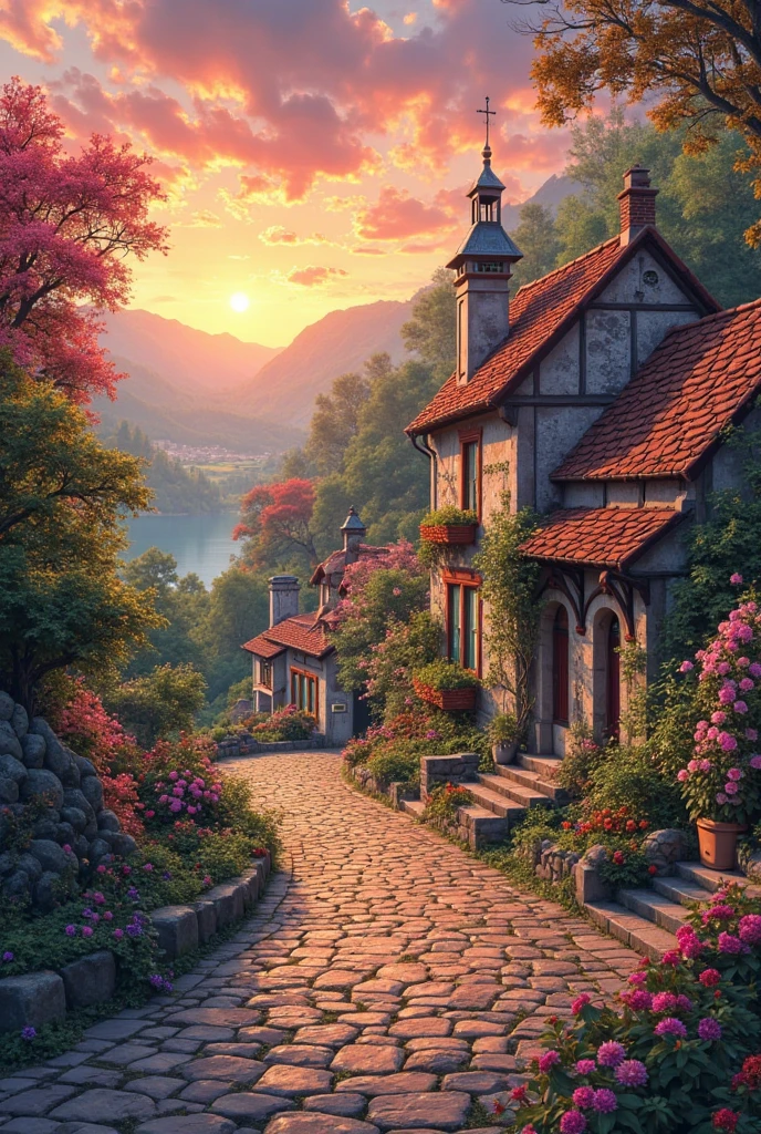 a small village  in the background, floral flowers colorful, detailed landscape, Beautiful natural landscapes, atmospheric lighting, scorching sunset, warm colours, practical, photopractical, Detailed Foliage, complex buildings, cobblestone street, Charming country house, swirly vibrant colors, lush vegetation, Still water reflections, Picturesque, idyllic, work of art, best qualityer, 8k, extremely detaild,anime styling