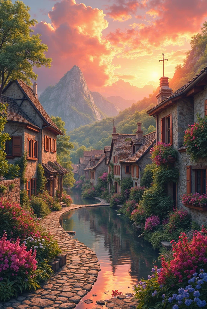 a small village  in the background, floral flowers colorful, detailed landscape, Beautiful natural landscapes, atmospheric lighting, scorching sunset, warm colours, practical, photopractical, Detailed Foliage, complex buildings, cobblestone street, Charming country house, swirly vibrant colors, lush vegetation, Still water reflections, Picturesque, idyllic, work of art, best qualityer, 8k, extremely detaild,anime styling