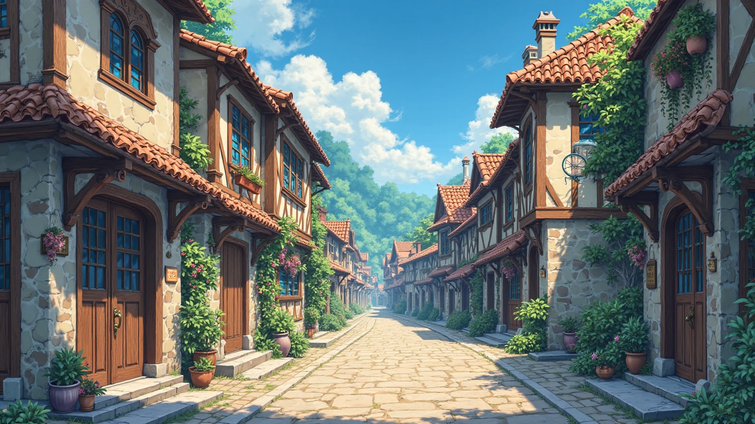 Anime style. clear day, blue sky. Medieval city street, taverns and houses, stone tiles on the ground. no people. side view. 