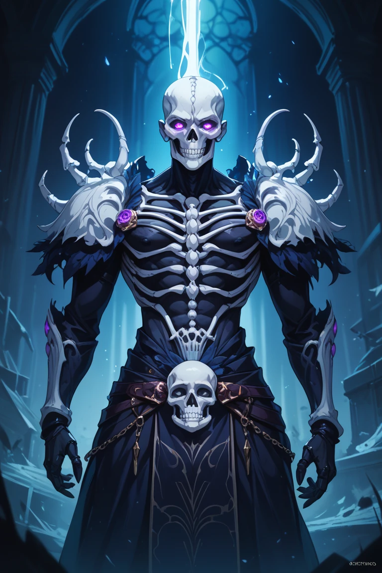 uploaded on e621, wearing his regal armor,, a skeletonized man with bits of flesh hanging off his bones, his skull is covered in icicles and frost, intricate carving, wearing a face mask, glowing eye sockets, wearing a frozen blue crown, chromatic aberration, depth of field, soft lighting, masterpiece, best quality, intricate, tone mapped, highly detailed, artstation, concept art, smooth, sharp focus, dramatic lighting, highly detailed artwork, cinematic, hyper realistic painting, trending on Artstation, 8K, incredible shadows, realistic, (highly detailed background:1.0)