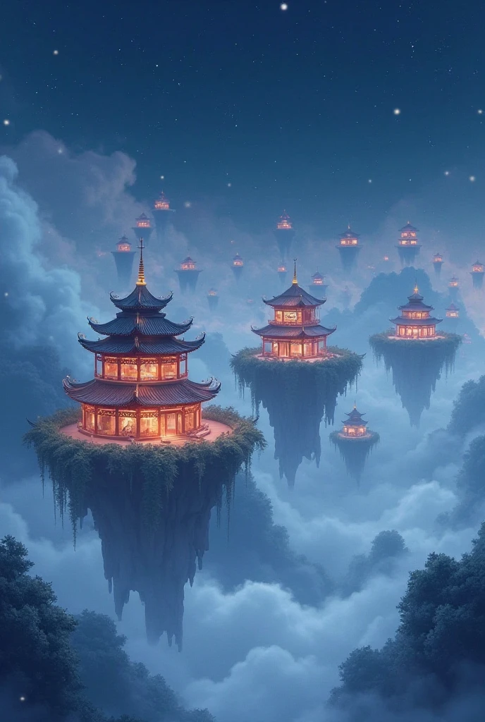 Very small floating islands with Chinese temples above the clouds at nighttime in anime style