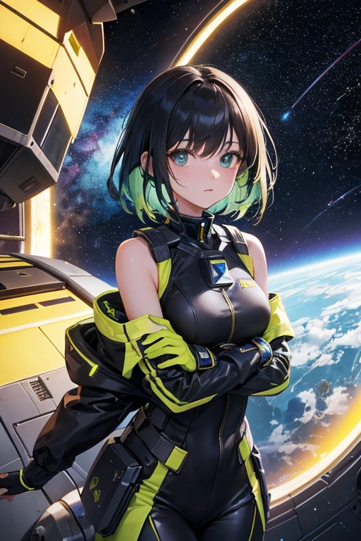 ((1人の女性)),12year old、Pattsun bangs、Black hair short bob、Kawaii Girl、((Green eyes))、Choker around the neck、(of the highest quality)),((masutepiece)),((Perfect face)),(Background blur), (1 girl, ), Space Suite, Flustered expression, medium breasts), Space travelling, 大型Space travelling船で, Small dark private room without lighting, (Weightless space in a private room), Minimal control panel on the wall, It's pitch black outside the window, I can't see the stars, (Dark room), Breakfast, (Weightless world), (Floating food and knick-knacks), (Enjoying Zero Gravity Nestrom below, Looking at Viewer,