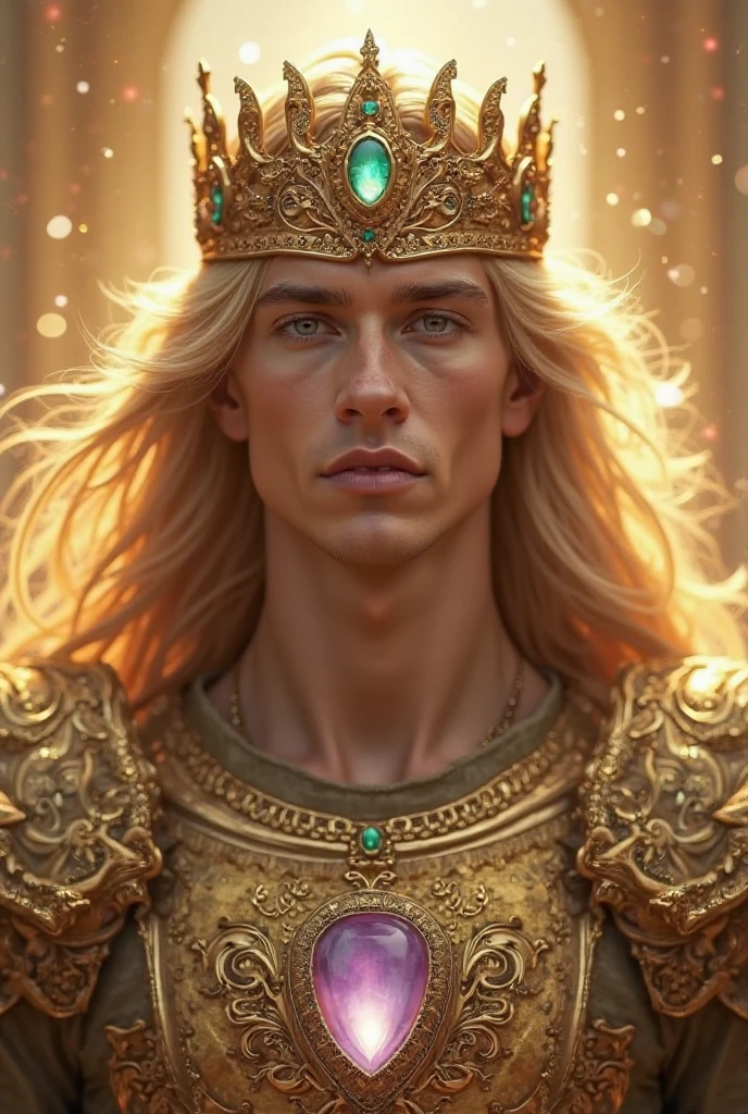 Claro! Here is the translation of the prompt into Portuguese:

---

**Prompt (in Portuguese):**

*Ultra-realistic 8K fantasy portrait of a divine and androgynous male figure, with long flowing golden hair, wearing a golden crown adorned with lilac emerald gemstones. The figure has penetrating clear eyes, symmetrical facial features and flawless skin with a soft golden glow. The expression is serene and powerful. The outfit is royal gold armor with intricate patterns and a large emerald gem in the center. Warm lighting coming from an ethereal, radiant background creates a heavenly atmosphere. Magical and majestic vibration, cinematographic lighting, perfect sharpness, ultra detailed textures.*
Lilac colors in the image 

