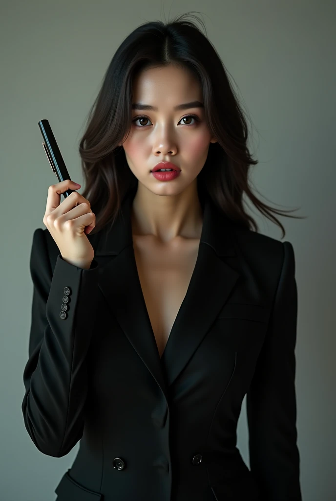 25 বছর বয়সী একজন কোরিয়ান মেয়ে রেগে একটা কলমদানি হাতে নিয়ে হাত উঠিয়ে দাঁড়িয়ে আছে মেয়েটি একটি কালো রঙের জামা পরেছে মেয়েটির চুল লম্বা মেয়েটি অনেক সুন্দর দেখতে 