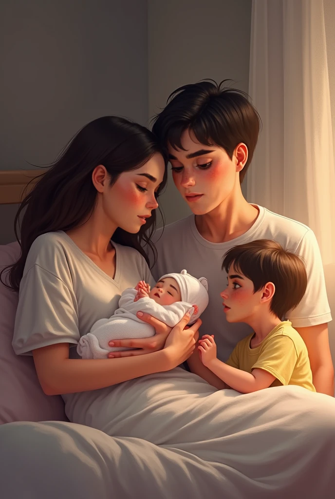 Man and a woman holding a in a dark room, marido esposa e filho, portrait of family of three, Happy family, family portrait, pose suave e calma, intimate holding close, family photography, pai com mulher e filho, vestido verde escuro, camisa verde escura