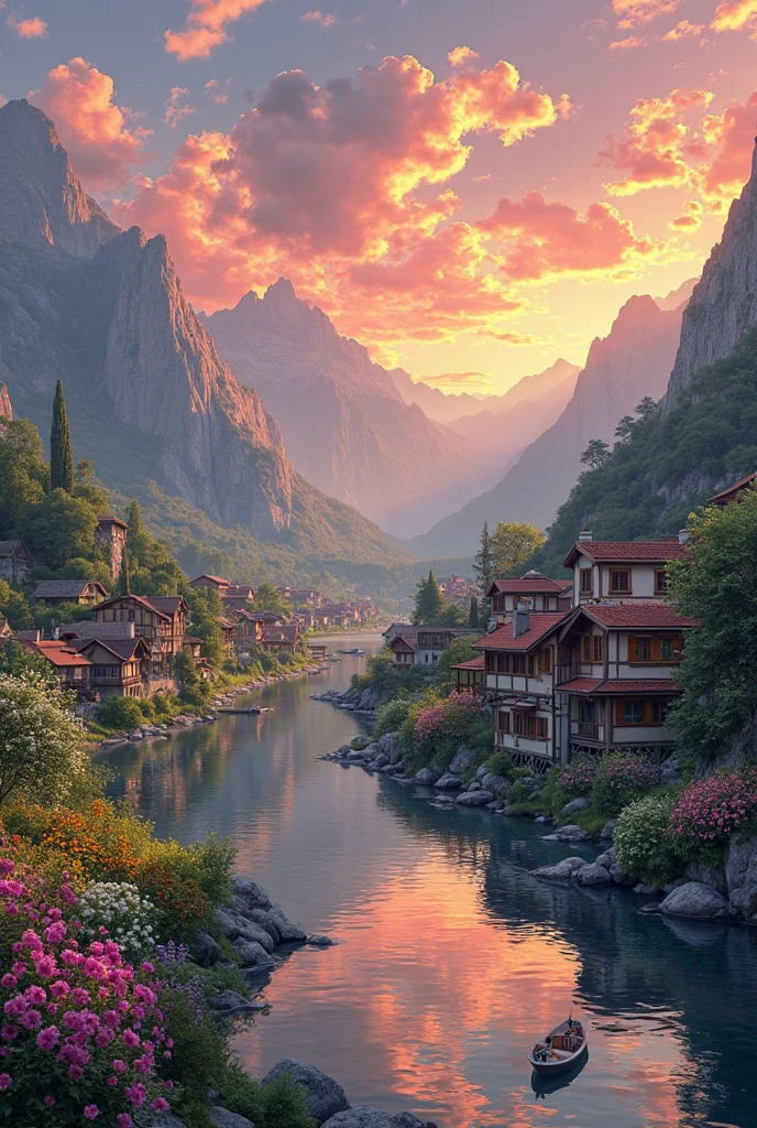 a small village by the river, mountains in the background, floral flowers colorful, detailed landscape, Beautiful natural landscapes, atmospheric lighting, scorching sunset, warm colours, practical, photopractical, Detailed Foliage, complex buildings, cobblestone street, Charming country house, swirly vibrant colors, lush vegetation, Still water reflections, Picturesque, idyllic, work of art, best qualityer, 8k, extremely detaild,anime styling
