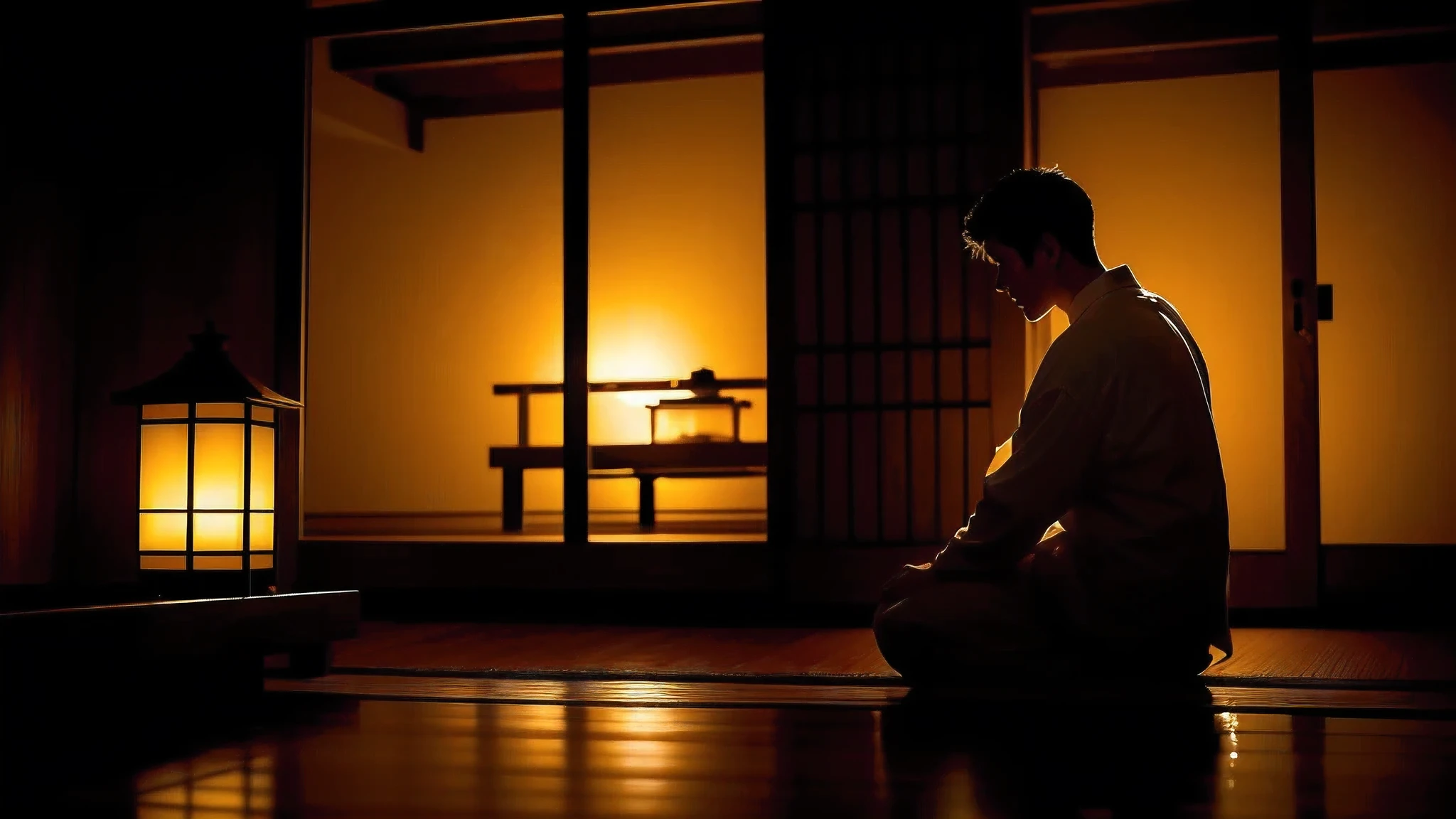 A young man steps into a warm, softly lit traditional Japanese room, drenched from the rain. Water drips from his clothes, puddling quietly at his feet. Behind him, rain cascades in shimmering sheets, a storm still raging outside. Ahead of him, the silhouette of a woman stands framed by the warm interior light, her form gentle but steady in the glow. Steam rises from a kettle in the background, curling through the air like a quiet invitation. The moment is charged — with contrast, warmth, and something unspoken just beginning to stir.