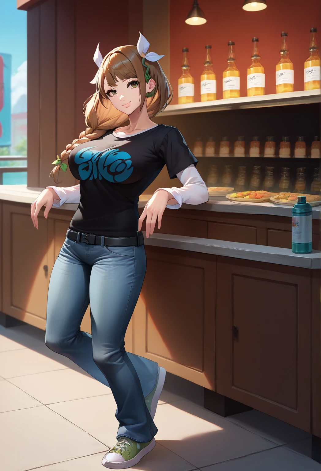 1 woman, wavy orange hair, green eyes , sly face , glasses , white tank top , black shorts , abdomen, big breasts , Long legs , stand on your hips... , canvas shoes , convenience store