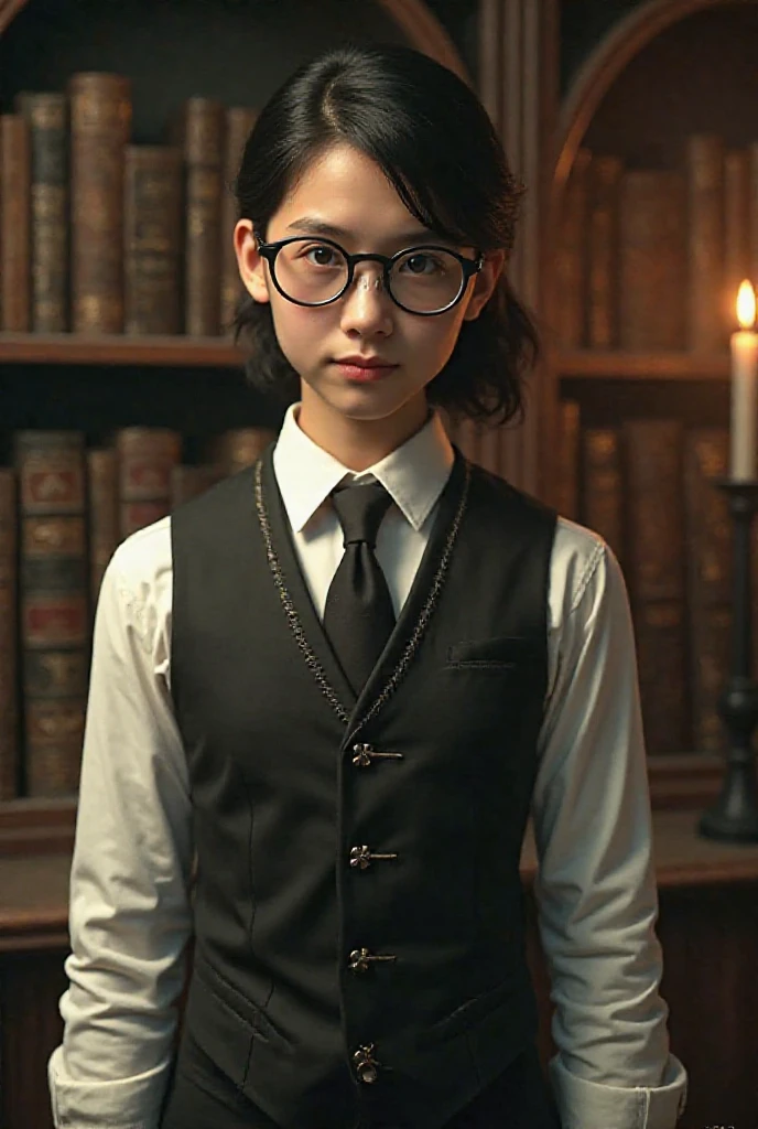 A 25-year-old wearing a white dress and a black vest ,He has hair, big glasses and seems to be a 1920s librarian ,Lovecraft setting 