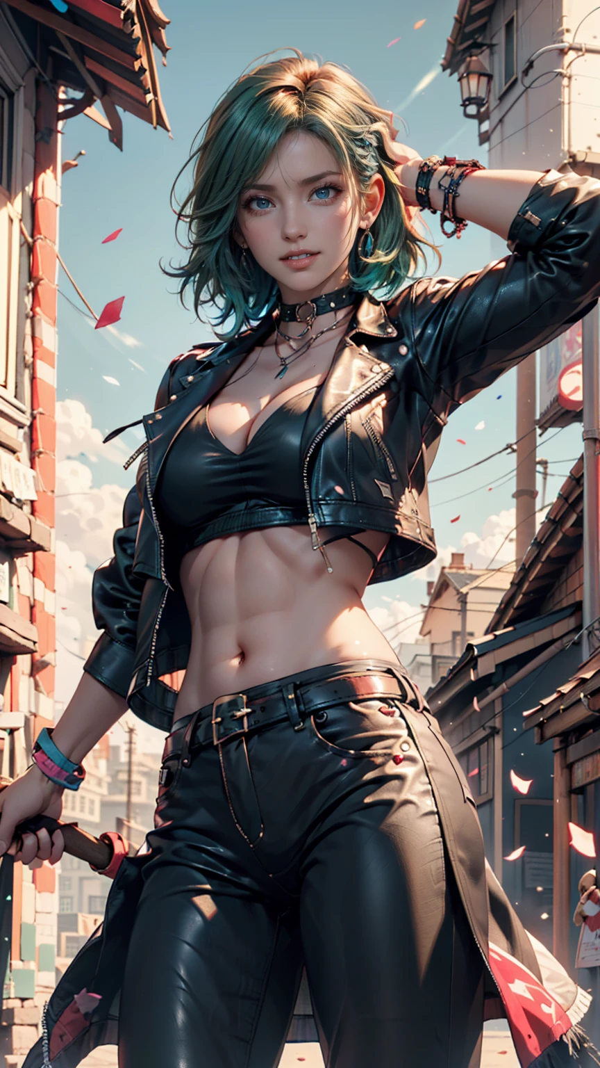 female, Realistic Characters,  green hair、pink rock , blue eyes, anime, alone, 【Contemporary,  punk rock 、choker、 midriff length leather jacket 、 Underboob Tops 、Underboob visible、Belly button visible、Low rise leather pants、long leather boots 、Leather Wristbands、smile、blue sky、cloud、rainbow、wind、Particles Dance