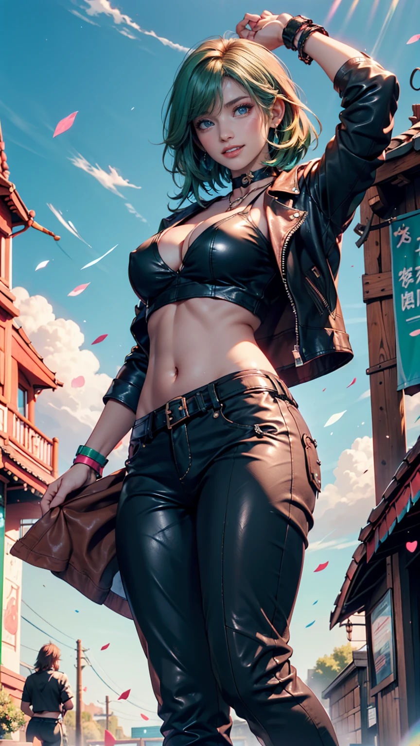 female, Realistic Characters,  green hair、pink rock , blue eyes, anime, alone, 【Contemporary,  punk rock 、choker、 midriff length leather jacket 、 Underboob Tops 、Underboob visible、Belly button visible、Low rise leather pants、long leather boots 、Leather Wristbands、smile、blue sky、cloud、rainbow、wind、Particles Dance