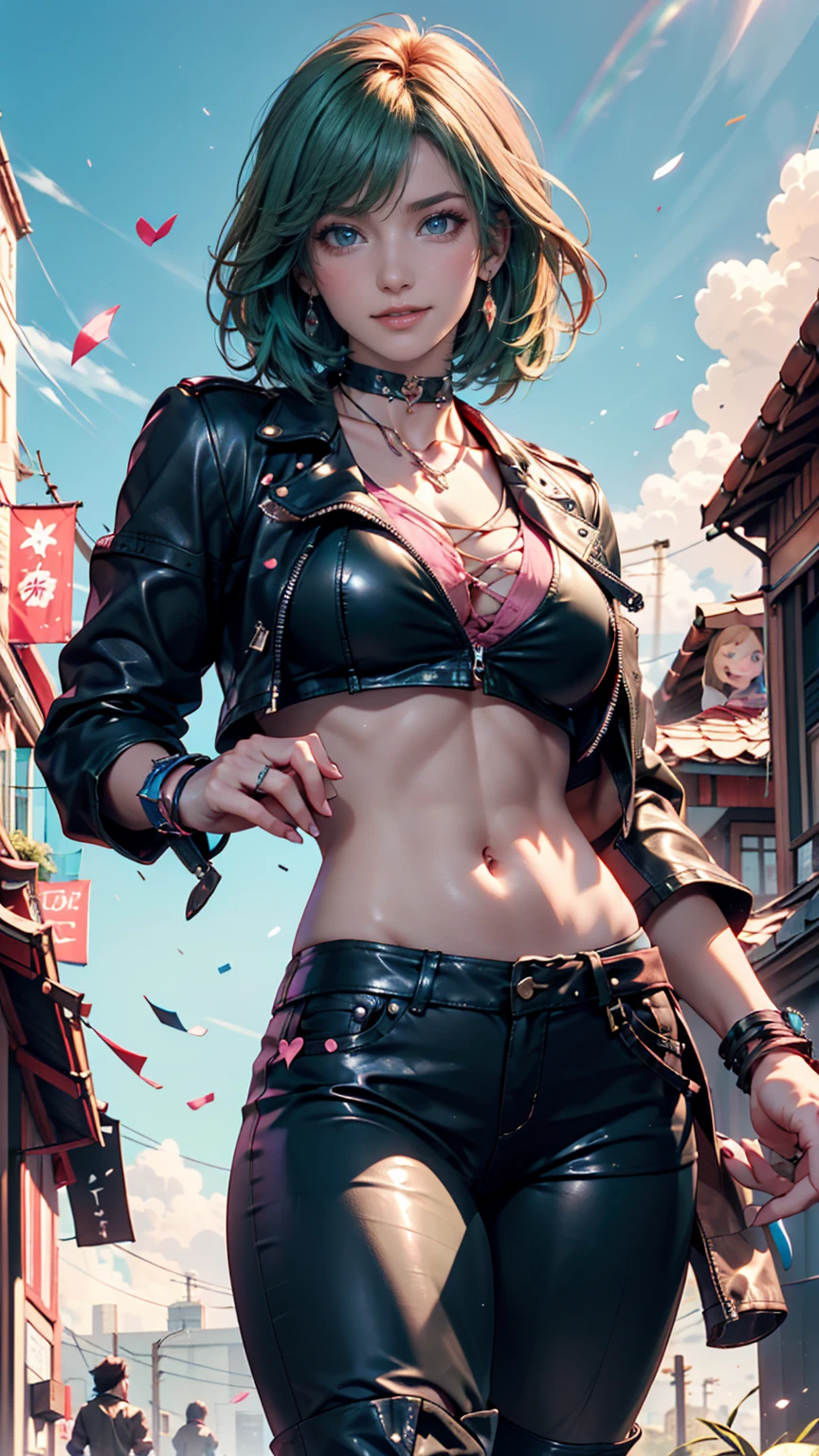 female, Realistic Characters,  green hair、pink rock , blue eyes, anime, alone, 【Contemporary,  punk rock 、choker、 midriff length leather jacket 、  Tops 、 visible、Belly button visible、Low rise leather pants、long leather boots 、Leather Wristbands、smile、blue sky、cloud、rainbow、wind、Particles Dance