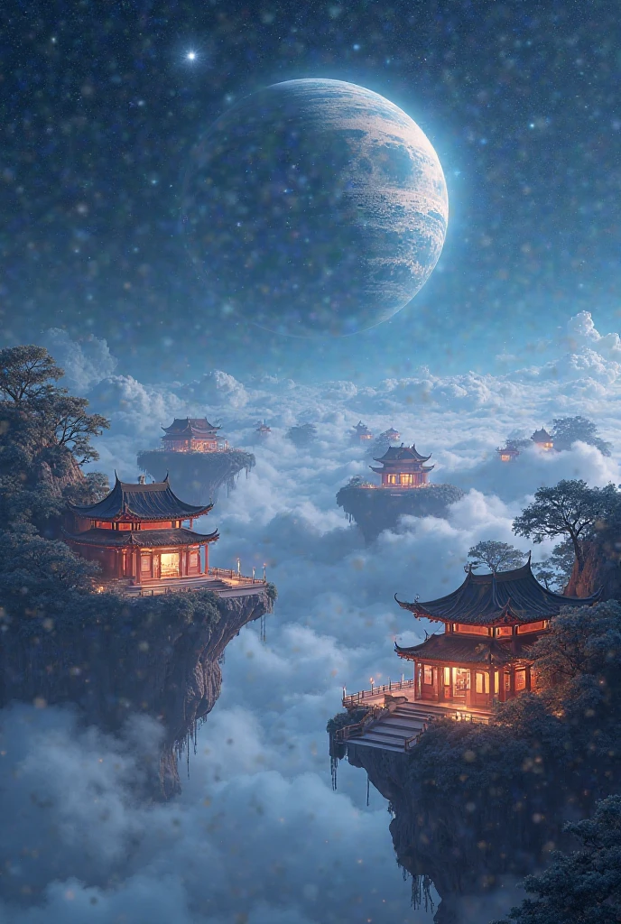  small floating islands with Chinese temples above the clouds at nighttime with a giant planet in the sky
