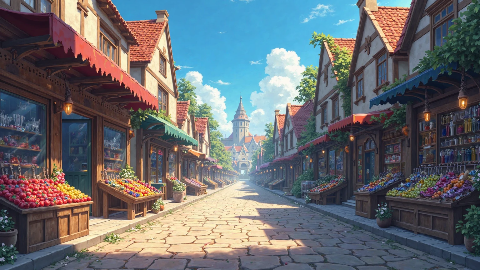 Anime style. clear day, blue sky. The city's medieval shopping street, fruit shops, jewels and swords. no people. stone tiles on the ground. no people. 