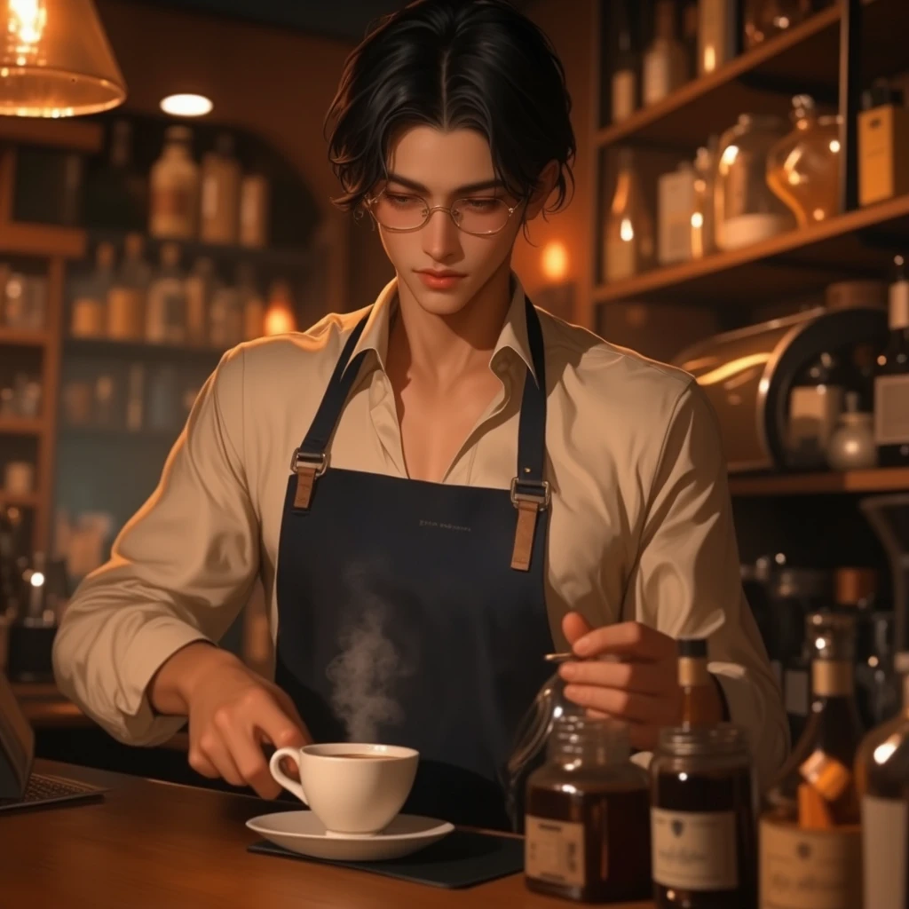 masterpiece, high quality, realistic style, half body, cafe, indoor, warm atmosphere, 1 person, male1(smooth black hair, deep brown eyes, wearing beige shirt, dark blue apron, gold-rimmed glasses), male1 making coffee, emphasize warm indoor atmosphere,