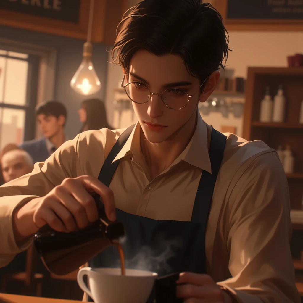 masterpiece, high quality, realistic style, half body, cafe, indoor, warm atmosphere, 1 person, male1(smooth black hair, deep brown eyes, wearing beige shirt, dark blue apron, gold-rimmed glasses), male1 making coffee, emphasize warm indoor atmosphere,