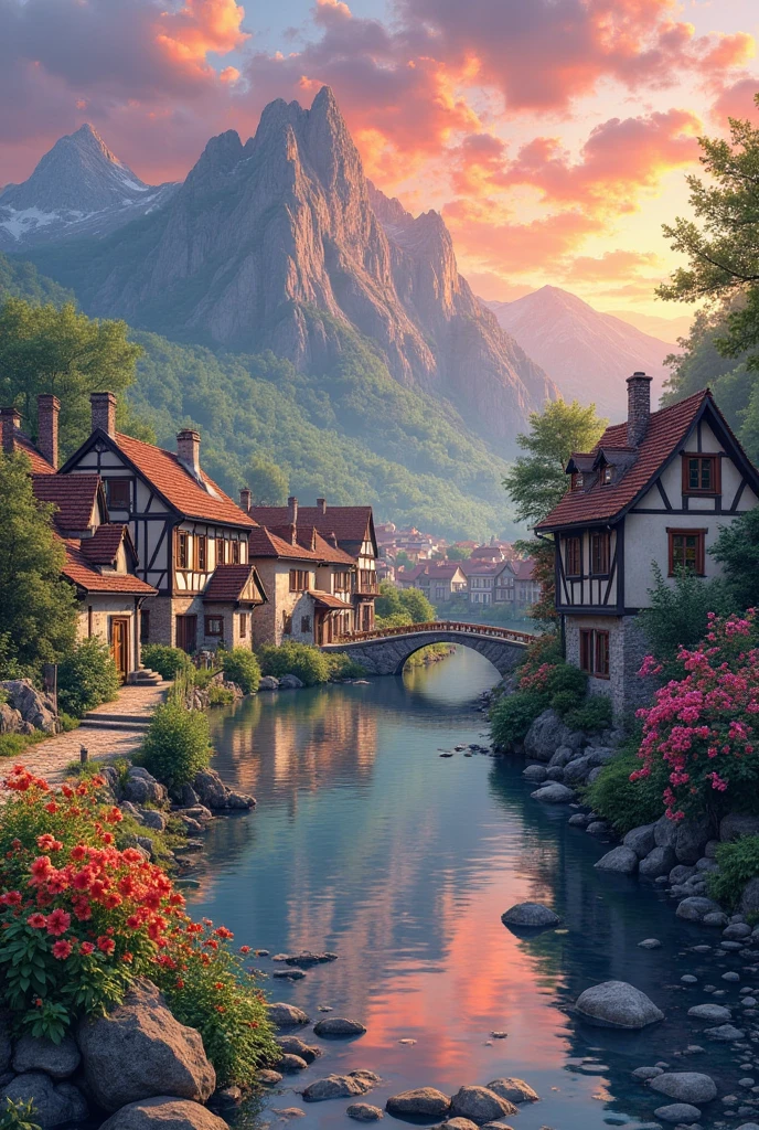 A small village by the river, color of the mountain in the background, colorful flower flowers, detailed landscape, beautiful natural scenery, atmospheric lighting, scorching sunset, warm colors, Practical, фотоPractical, detailed foliage, complex buildings, paved street, charming country house, swirl bright colors, lush vegetation, reflections on water, picturesque, idyllic, artwork, the best quality, 8k, very detailed, anime styling