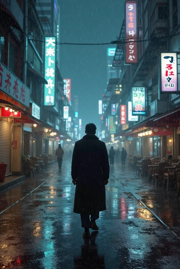 A man wearing a black overcoat in the rain in Tokyo at night