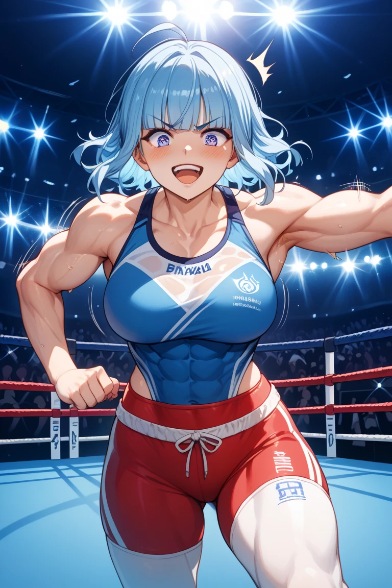 ((best quality)), ((masterpiece)), (detailed), (perfect anatomy), (exquisite clothing); Bedroom; 1girl, tall girl, solo, flexing biceps; Perfect face, white short hair, hair, fanged bangs, sidelocks, cheek blush, red eyes, black pupils, proud, confident, smug grin; (Muscular:3.9), pumped up, (muscular veins), deltoids, trapezius, huge breasts, biceps, triceps, abs, obliques, long waist, wide hips, glutes, (muscular thighs:1.8), guitarist, musician, gal girl, band girl