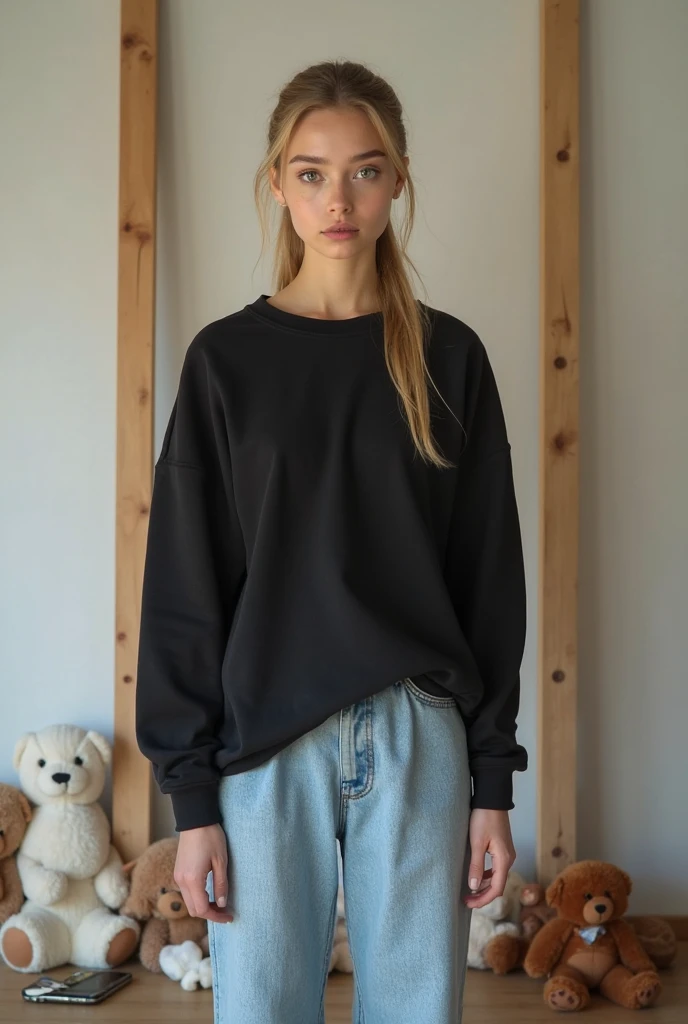 photo of beautiful (Al3x4Fl3xy-135:0.99), a woman, perfect hair, (modern photo), wearing a (crew neck sweatshirt:1.2) and long pants with jewelry, portrait, 85mm, (analog, cinematic, film grain:1.3), (Floating Sky Islands, Landscape with floating islands, interconnecting bridges, and cascading waterfalls.), detailed eyes, professional pose, painted lips, (epiCPhoto), (looking at viewer:1.1), (cinematic shot:1.3), (natural lighting, lit from above), <lora:add_detail:0.5>