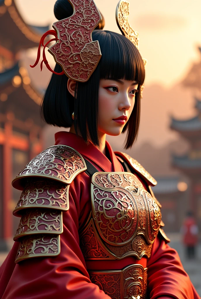 （Photorealistic:1.4）、1 beautiful Japanese woman, (Onmyoji:1.2) Women Who Wear Multiple Layers All Over ( Orichalcon Heavy Metal :1.2)、(Red Orichalcon armor with complex shapes:1.2)、 Armor Helmet with Complicated Shape Detailed reproduction 、adds an intricate mandala pattern to his armor helmet、Light up the mandala pattern、????????????、（Sitting in the lotus constellation ）、(( Insanely Detailed Kongo Weapons 、Kameru：1.4))、perfect ???????、 Shingon Esoteric Worldview 、Ancient city background、Glowing Skin、???????、Straight Short Bob Cut Hair、No bangs 、 Please make your head smaller、full body、