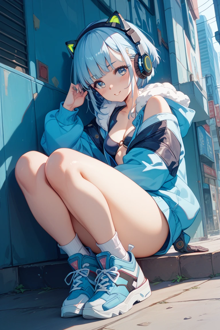 
Anime character with blue hair sitting in the rain....