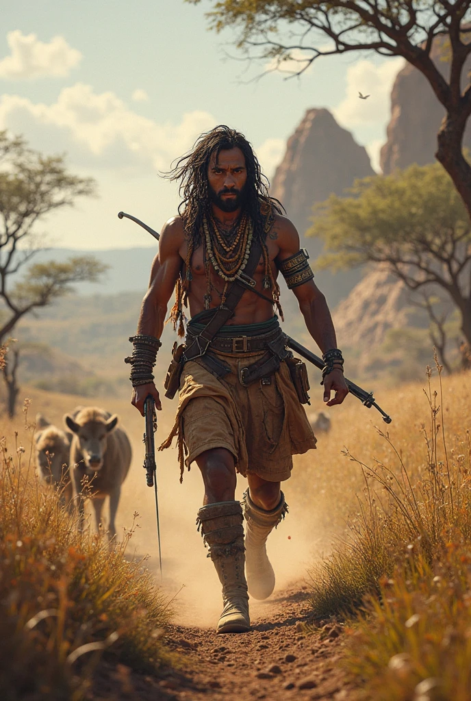 An African hunter on his way to hunt early in the morning