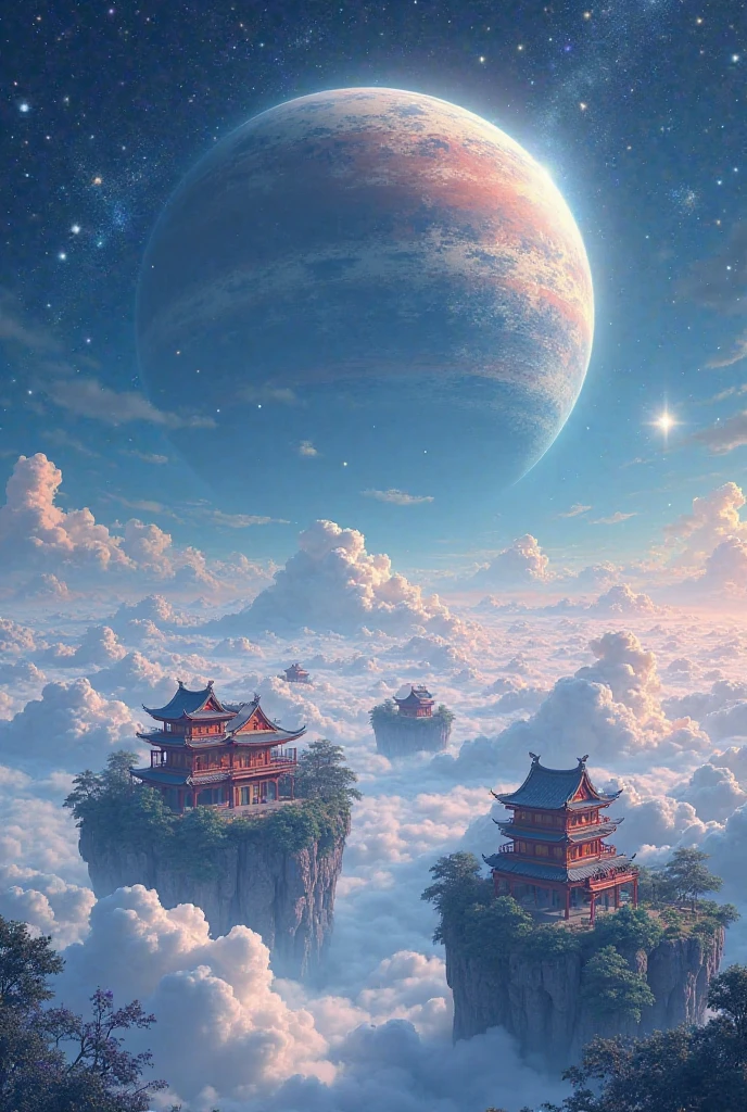small floating islands with Chinese temples above the clouds at nighttime with a giant planet in the sky in anime style
