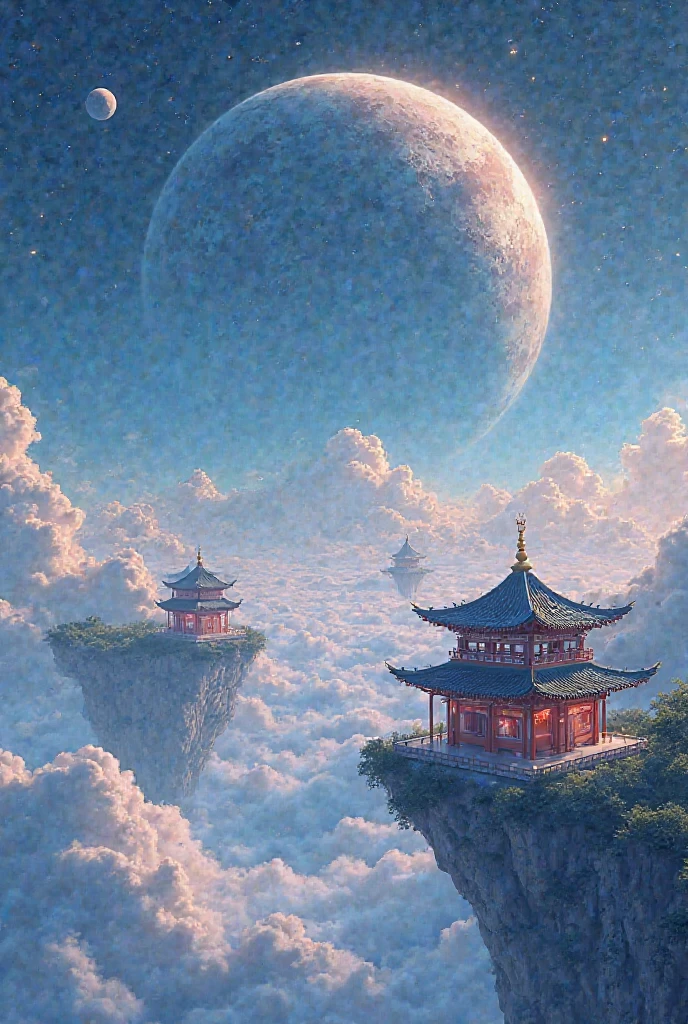 small floating islands with Chinese temples above the clouds at nighttime with a giant planet in the sky in anime style 