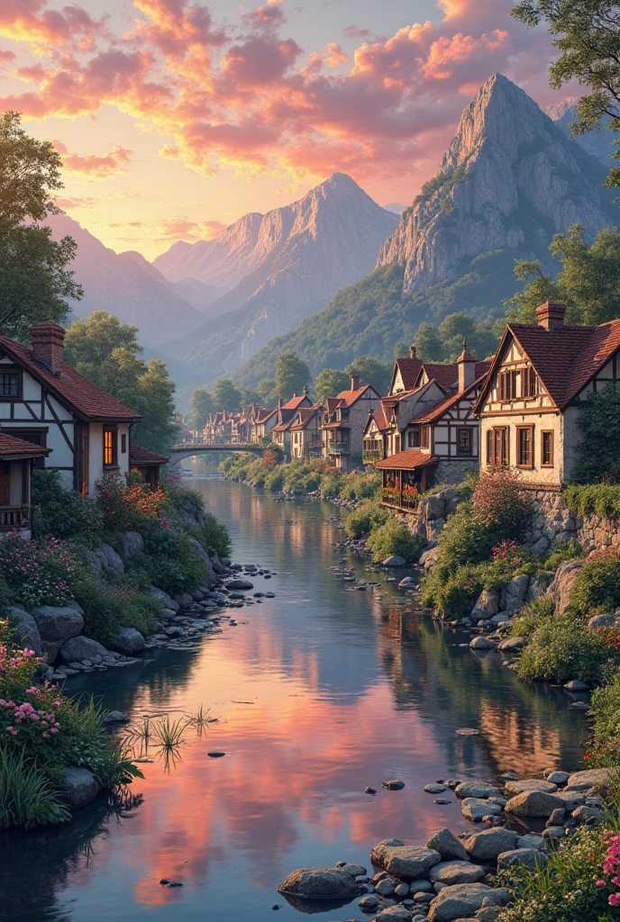 a small village by the river, mountains in the background, floral flowers colorful, detailed landscape, Beautiful natural landscapes, atmospheric lighting, scorching sunset, warm colours, practical, photopractical, Detailed Foliage, complex buildings, cobblestone street, Charming country house, swirly vibrant colors, lush vegetation, Still water reflections, Picturesque, idyllic, work of art, best qualityer, 8k, extremely detaild,anime styling
