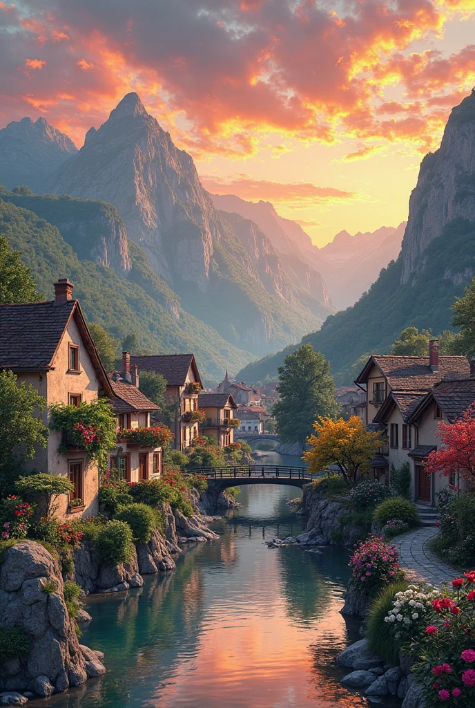 a small village by the river, mountains in the background, floral flowers colorful, detailed landscape, Beautiful natural landscapes, atmospheric lighting, scorching sunset, warm colours, practical, photopractical, Detailed Foliage, complex buildings, cobblestone street, Charming country house, swirly vibrant colors, lush vegetation, Still water reflections, Picturesque, idyllic, work of art, best qualityer, 8k, extremely detaild,anime styling