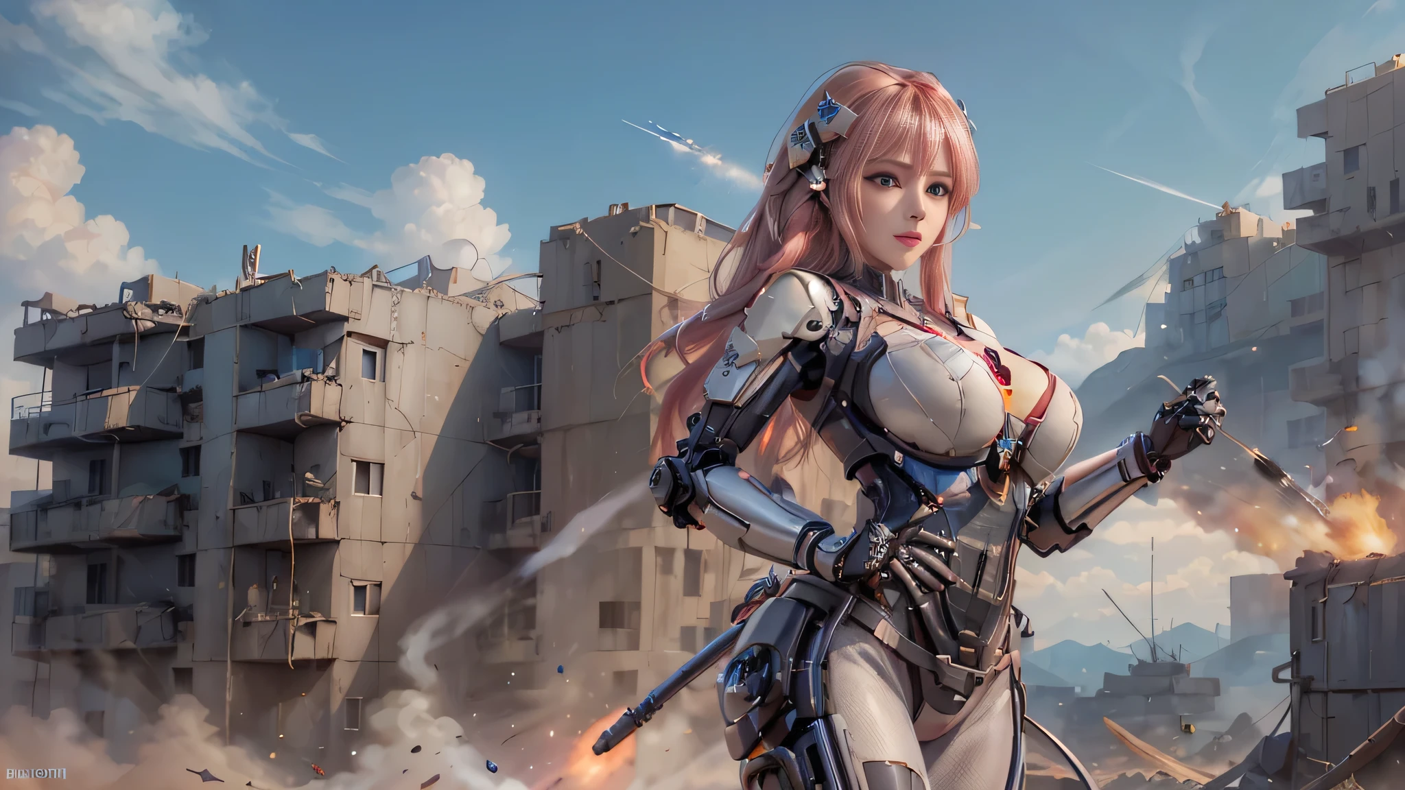 lifelike, High resolution, soft light,1 female, alone, Buttocks up, (Detailed face), long hair, pink hair, Mecha girl, Mechanical parts box,very big , Unity, solo Robotic arm, have, Mechanical Halo, very huge breasts,hello star, Electromechanical jumpsuit, Mecha corset,, smokes, Huge chest attracts viewers,low cut,machine gun,Face the audience,very huge ,huge breasts,sword,gun,knife,pistol,radio,missile,airplane,ruins, and,Robotic arm,destroyed buildings,struggle,fire,balls of fire,thunderclap,fireworks,bombing,high tech,future,dust,dust