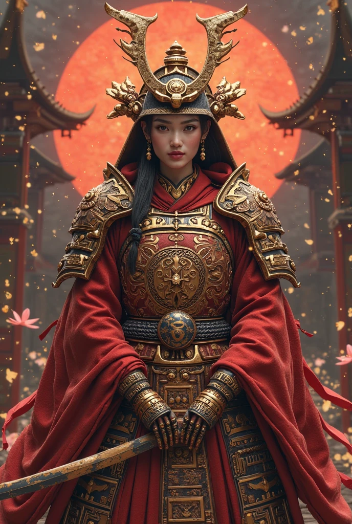 （Photorealistic:1.4）、1 beautiful Japanese woman, (Onmyoji:1.2) Women Who Wear Multiple Layers All Over ( Orichalcon Heavy Metal :1.2)、(Red Orichalcon armor with complex shapes:1.2)、 Armor Helmet with Complicated Shape Detailed reproduction 、adds an intricate mandala pattern to his armor helmet、Light up the mandala pattern、????????????、（Sitting in the lotus constellation ）、(( Insanely Detailed Kongo Weapons 、Kameru：1.4))、perfect ???????、 Shingon Esoteric Worldview 、Ancient city background、Glowing Skin、???????、Straight Short Bob Cut Hair、No bangs 、 Please make your head smaller、full body、