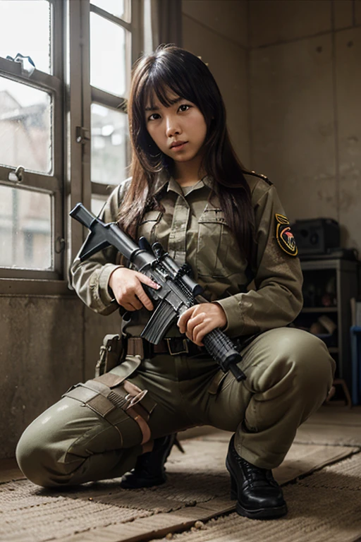 nsfw,(Highest quality:1.2),32k HDR,High resolution,Japanese women in the U.S. military,Holding an automatic rifle,have a tense look on one's face,Bulletproof vest,Backpack,Japanese women,A detailed depiction of the Hulk wielding an automatic rifle in a post-apocalyptic world,Check out the realistic skin texture of the Hulk,Capture every subtle detail,The scene should be gritty.,Debris and impurities scattered around,Dimly lit basement,ruins,Inside the room,Contrasting with the desolate background,Images must be of the highest quality,High resolutionとフォトリアリスティックなレンダリング.((first round)),((Torn clothes)),((Detained)),((rope,rope,Lock)),((Nipples)),